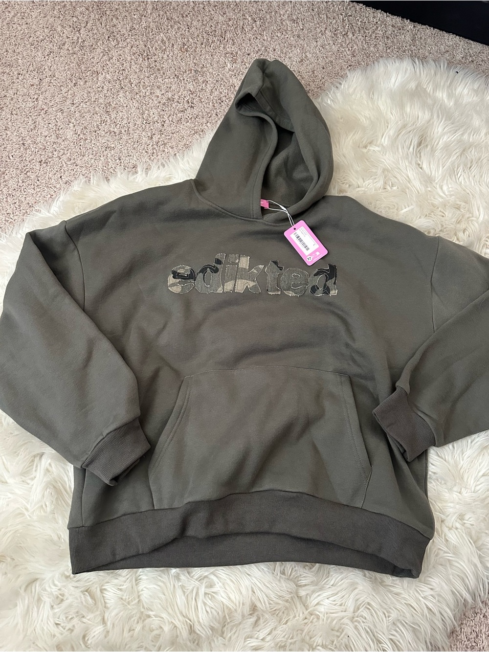 NWT Edikted Olive Green Logo Hoodie with Camo Print